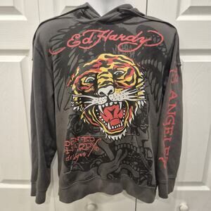 Ed Hardy Tiger Skull Hoodie Men's Medium Y2K Streetwear Graphic Pullover Gray